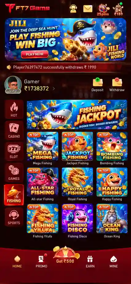 FT7 Game fishing screen with jackpot fishing, online play, win and reward games