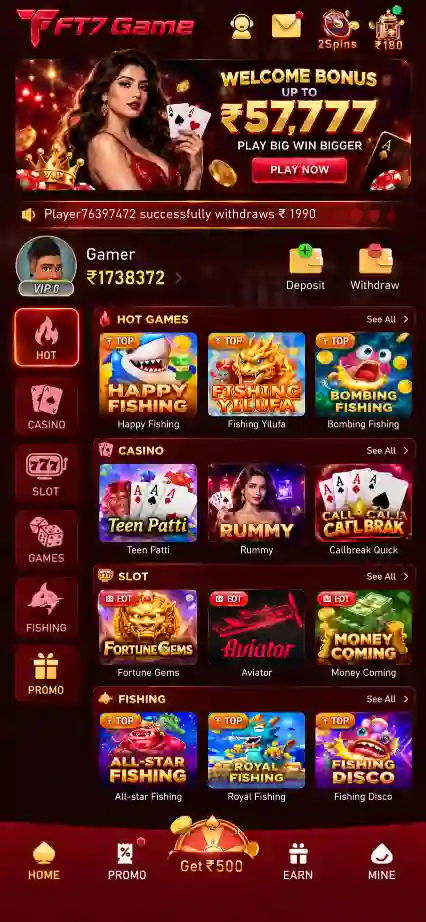 FT7 Game home screen with hot games, online gaming, play, win, bonus and reward options