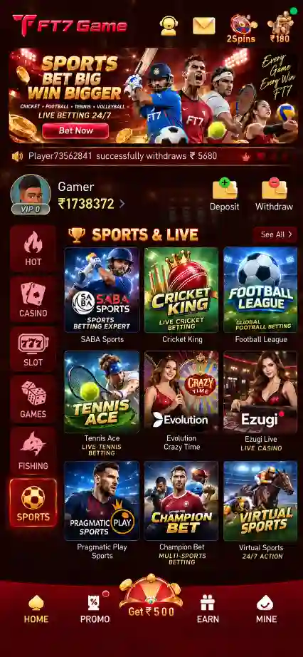 FT7 Game sports screen with cricket, football, tennis and online gaming play options