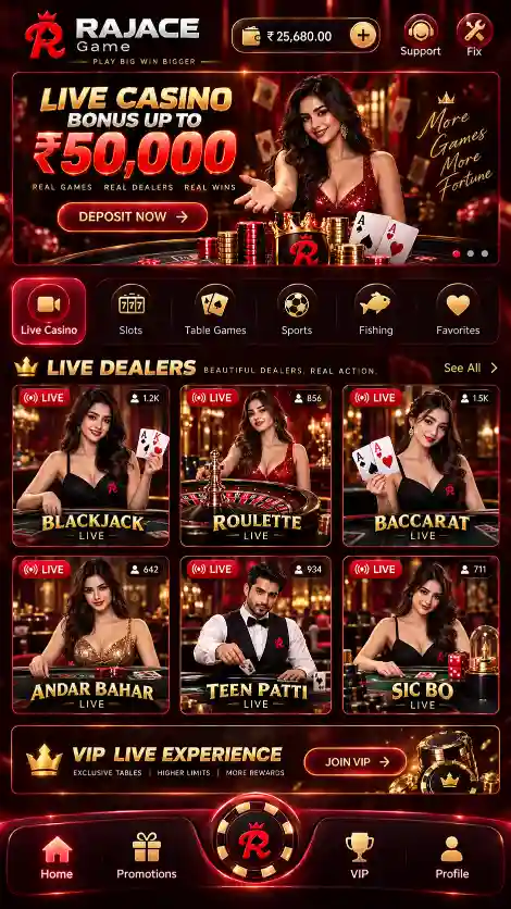 RAJACE Game live casino screen with blackjack roulette baccarat and table games