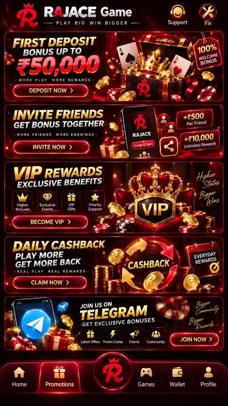 RAJACE Game promotions screen with deposit bonus cashback VIP and reward offers