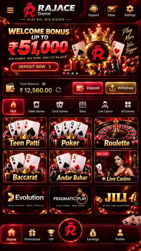RAJACE Game welcome bonus screen with mobile registration and reward offer