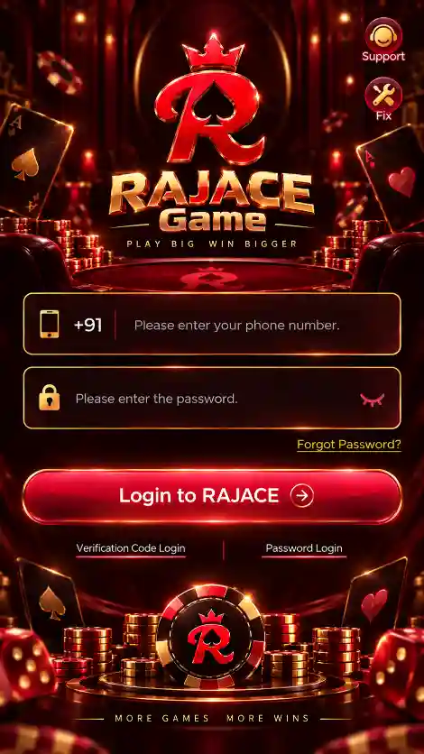 RAJACE Game Login screen with mobile number and password access for online gaming