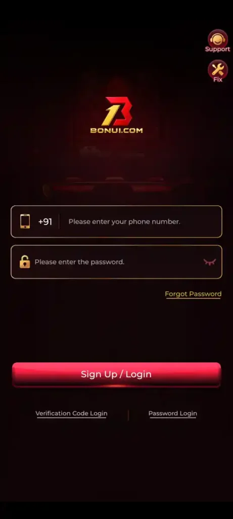 Bonu1 Login screen for mobile account access