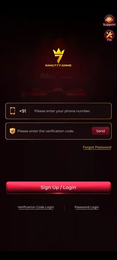 KING777 Login screen with mobile verification and password access